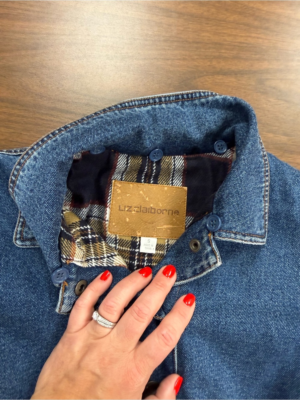 Vintage Liz Claiborne Plaid Lined Blue Denim Barn Jacket Chore Coat Empire S - Picture 3 of 8